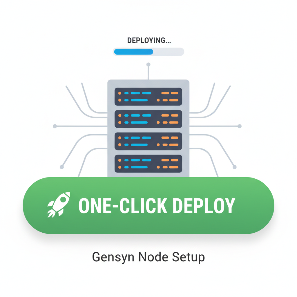 One-click deploy button on Gensyn node setup, green launch button, server rack deploying in background