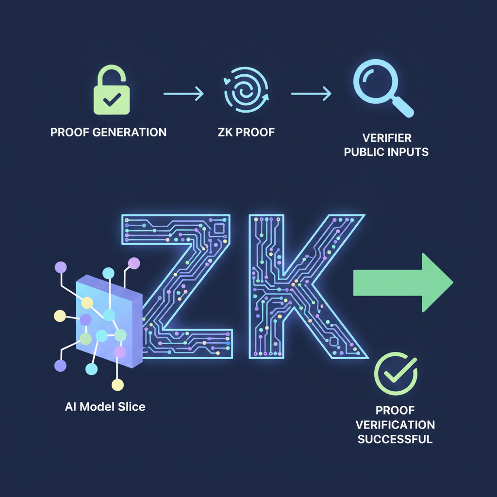 code snippet transforming AI model slice into glowing ZK circuit with proof verification flow