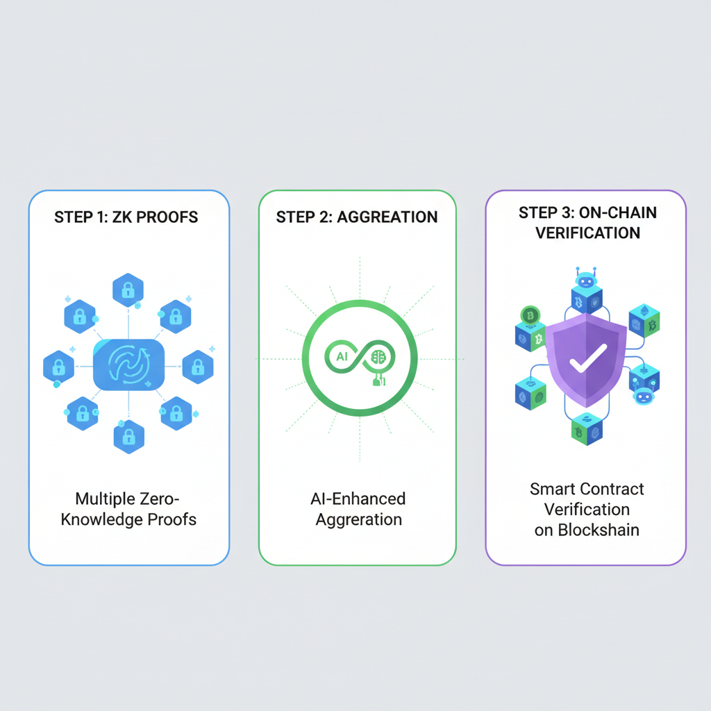 zk proofs aggregating into on-chain verification, blockchain with AI icons