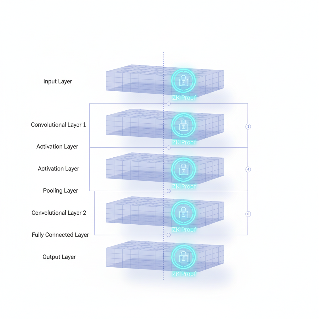 clean diagram of neural network model sliced into verifiable layers with ZK proof icons glowing