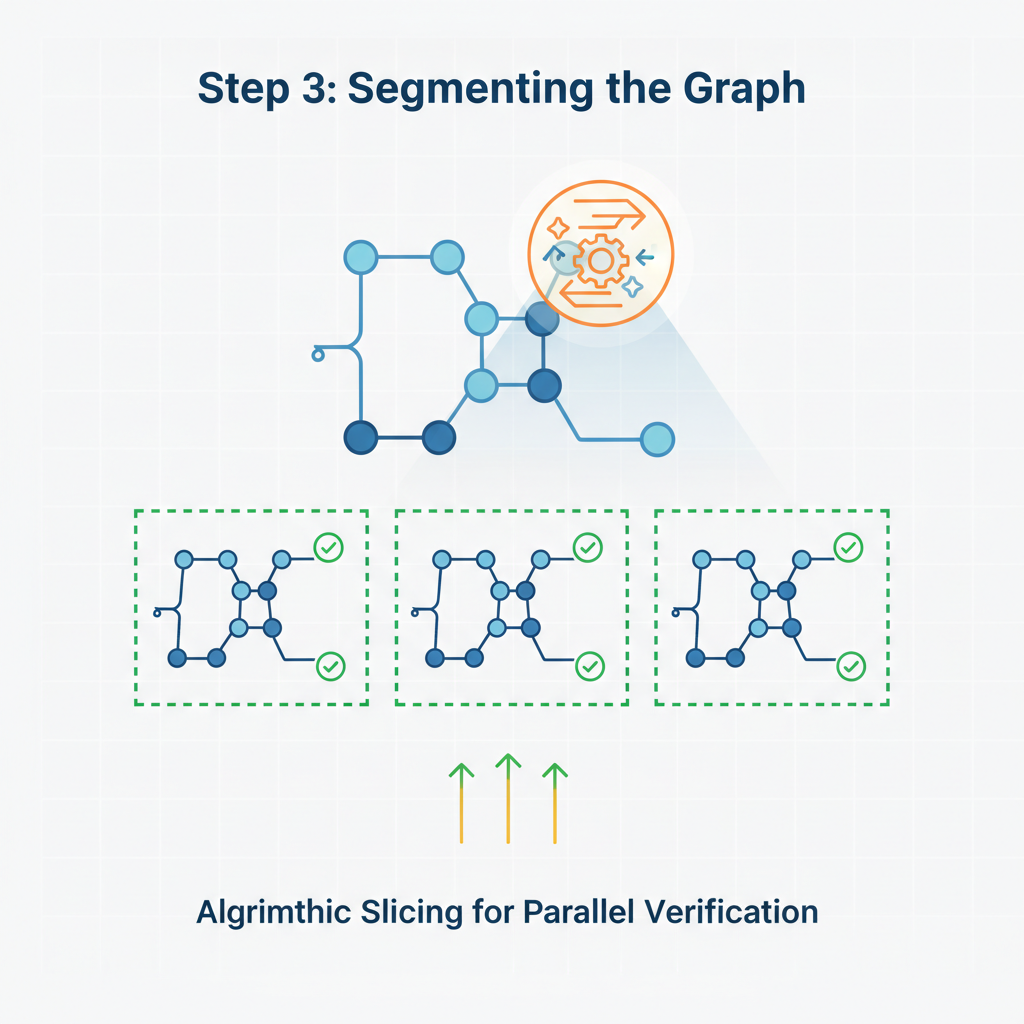 ONNX model graph being sliced by algorithmic tool into parallel verifiable segments