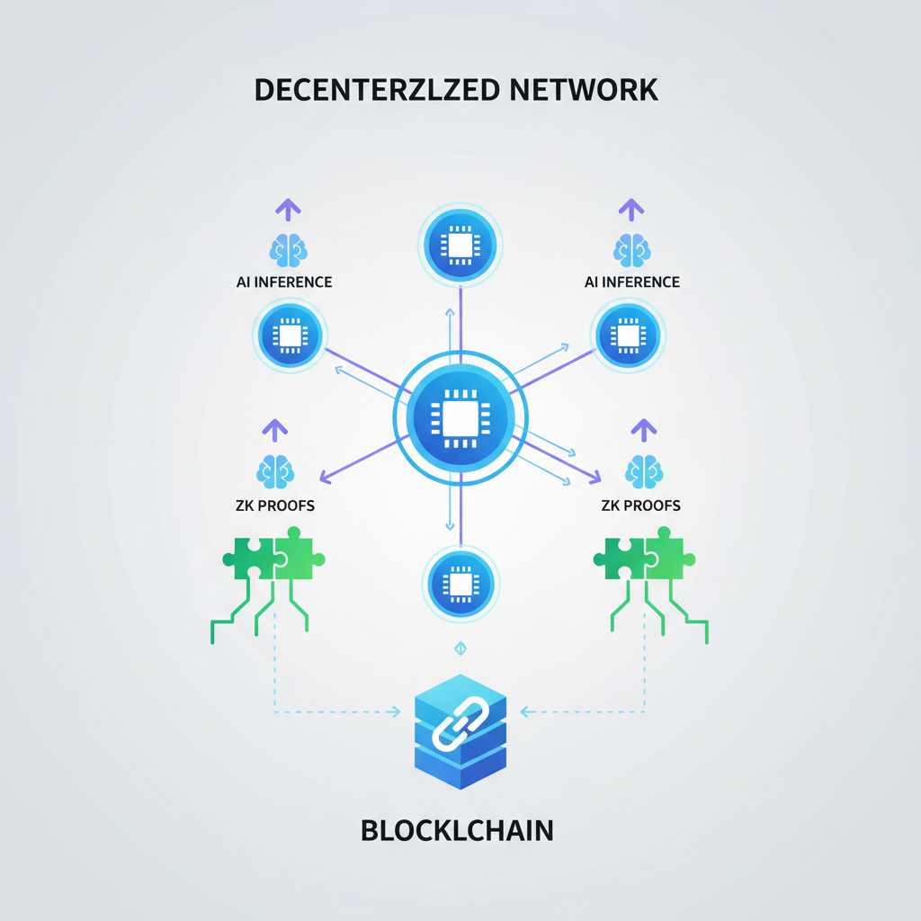 decentralized network nodes computing AI inference with ZK proofs linking blockchain