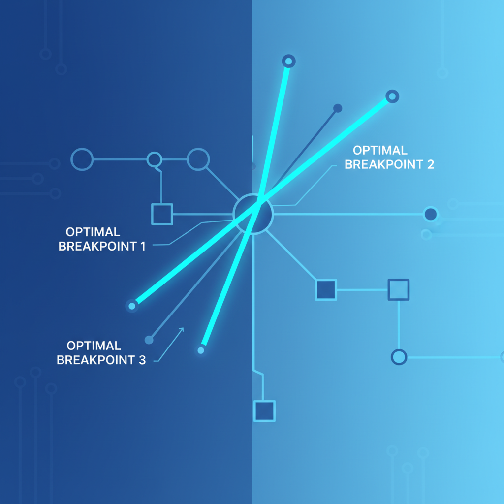 AI model computation graph with glowing optimal breakpoint lines, technical diagram style, blue tones