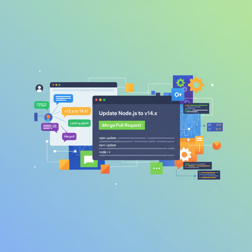 GitHub pull request screen updating node software, community forum chat bubbles, vibrant tech collage
