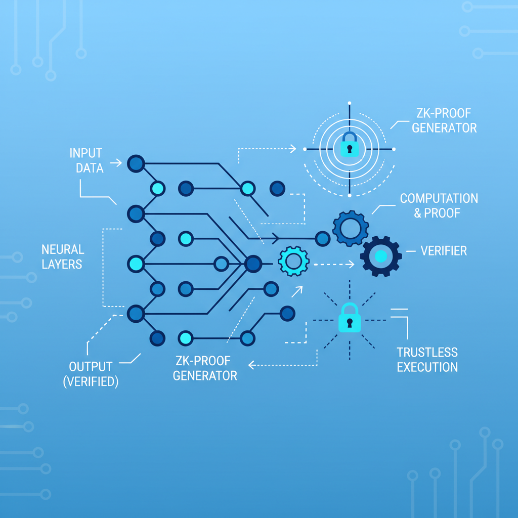 abstract neural network model with zero-knowledge proof circuits, blue tones, technical diagram