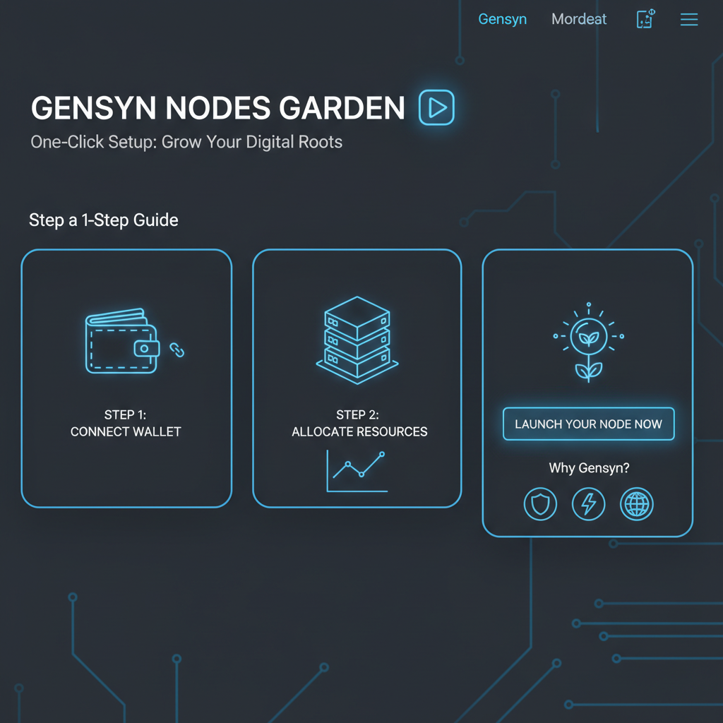screenshot of Gensyn Nodes Garden one-click setup landing page, modern web UI, blue neon accents